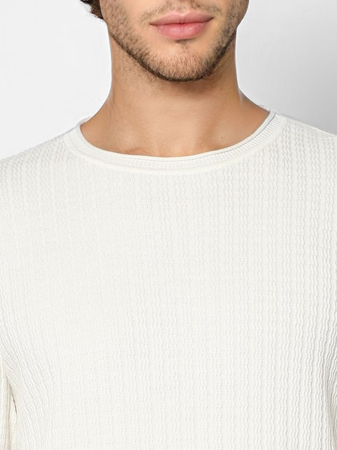 White Self Design Pullover