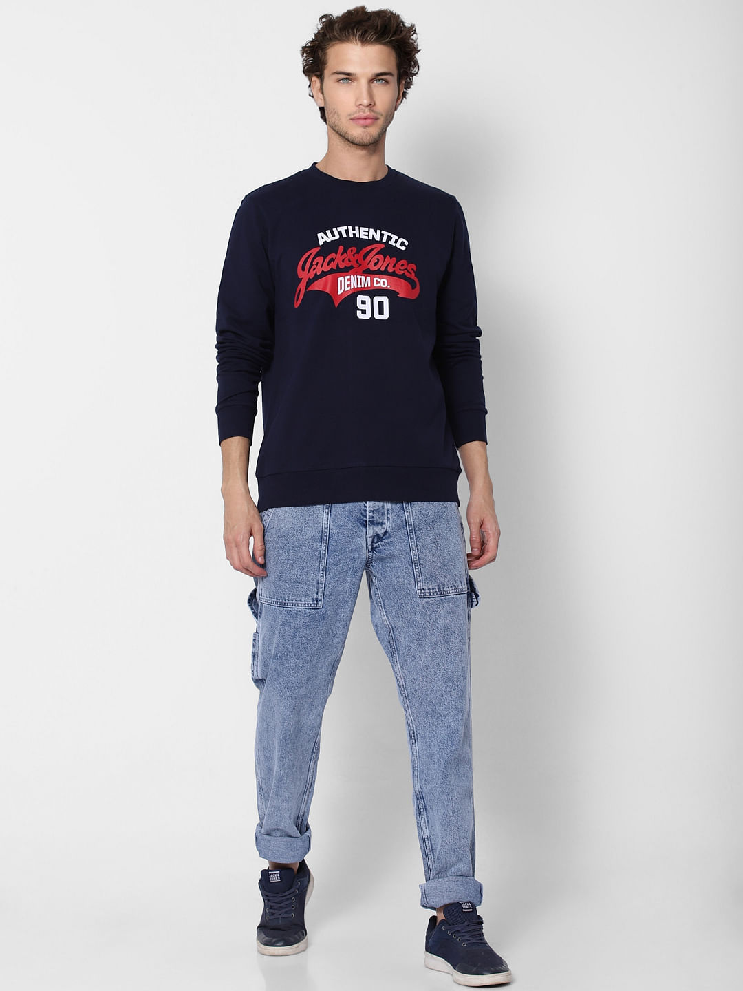 Navy Blue Logo Print Sweatshirt - S