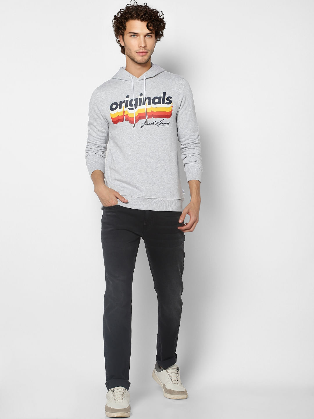 Grey Logo Print Hooded Sweatshirt - S