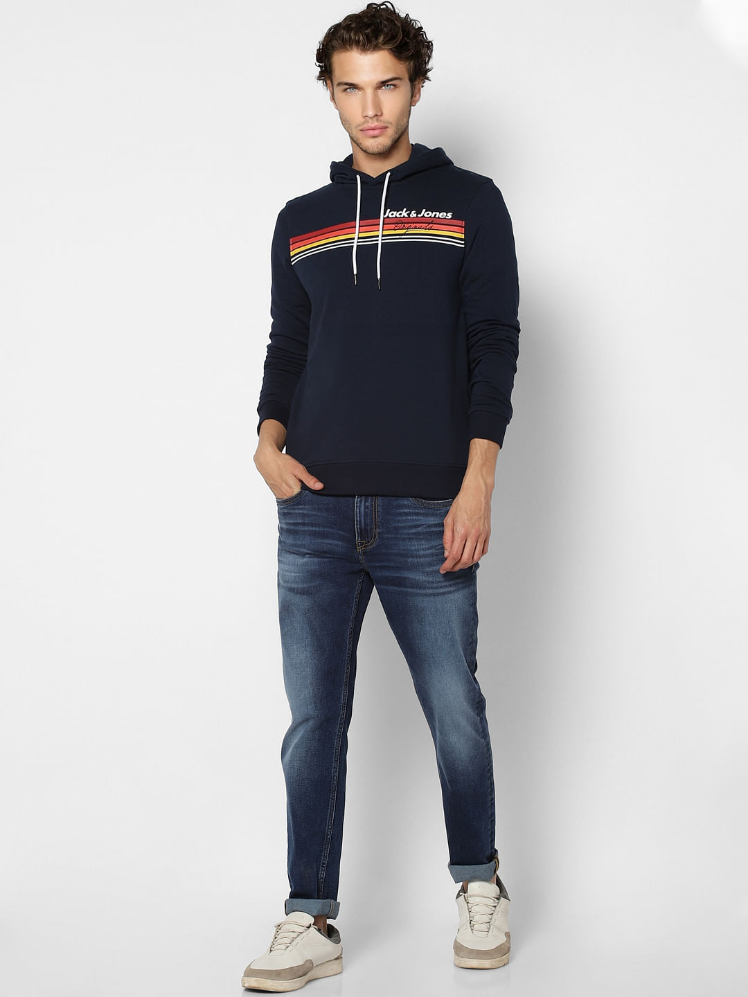 Navy Blue Logo Print Hooded Sweatshirt - S