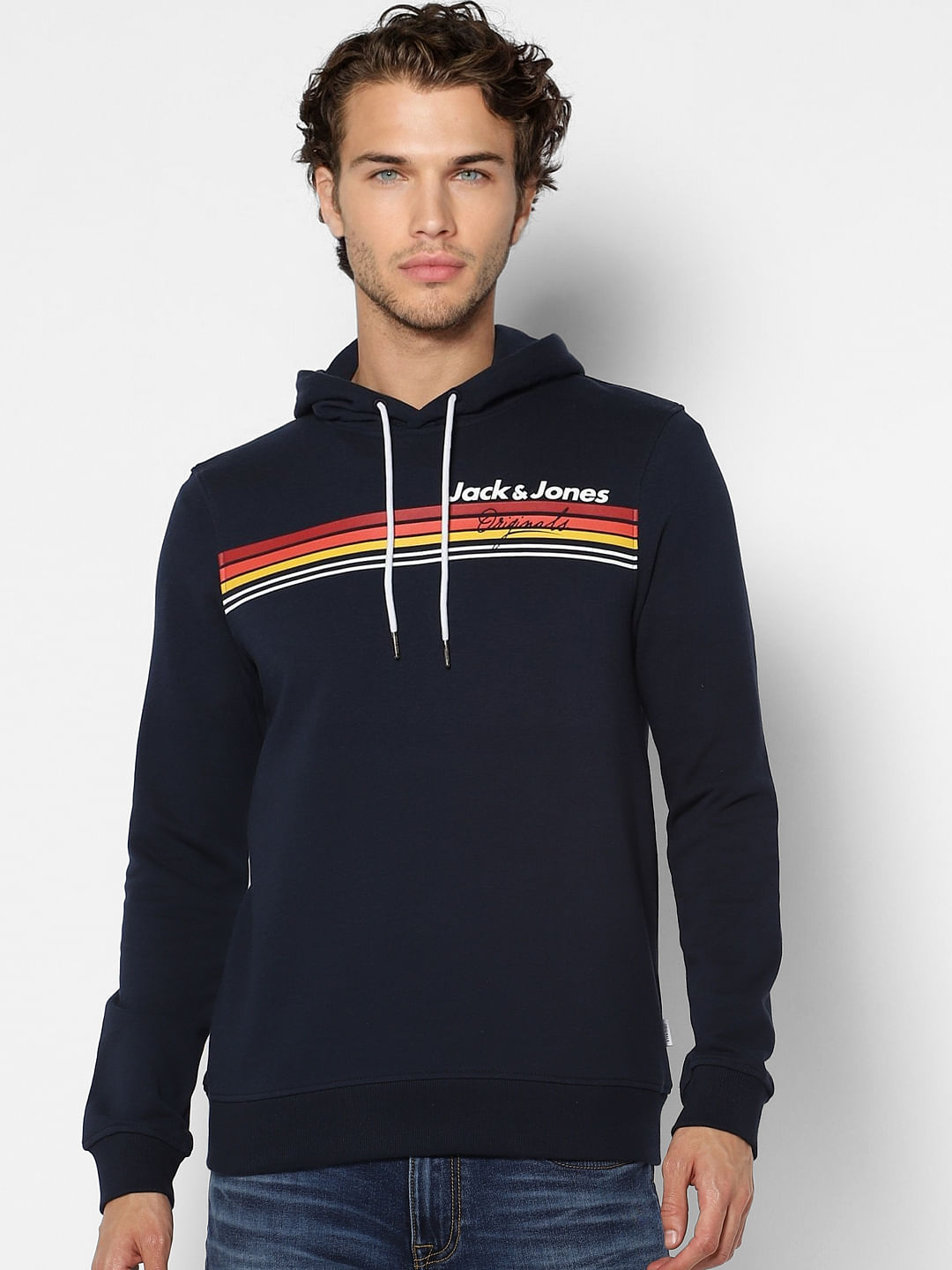 Navy Blue Logo Print Hooded Sweatshirt
