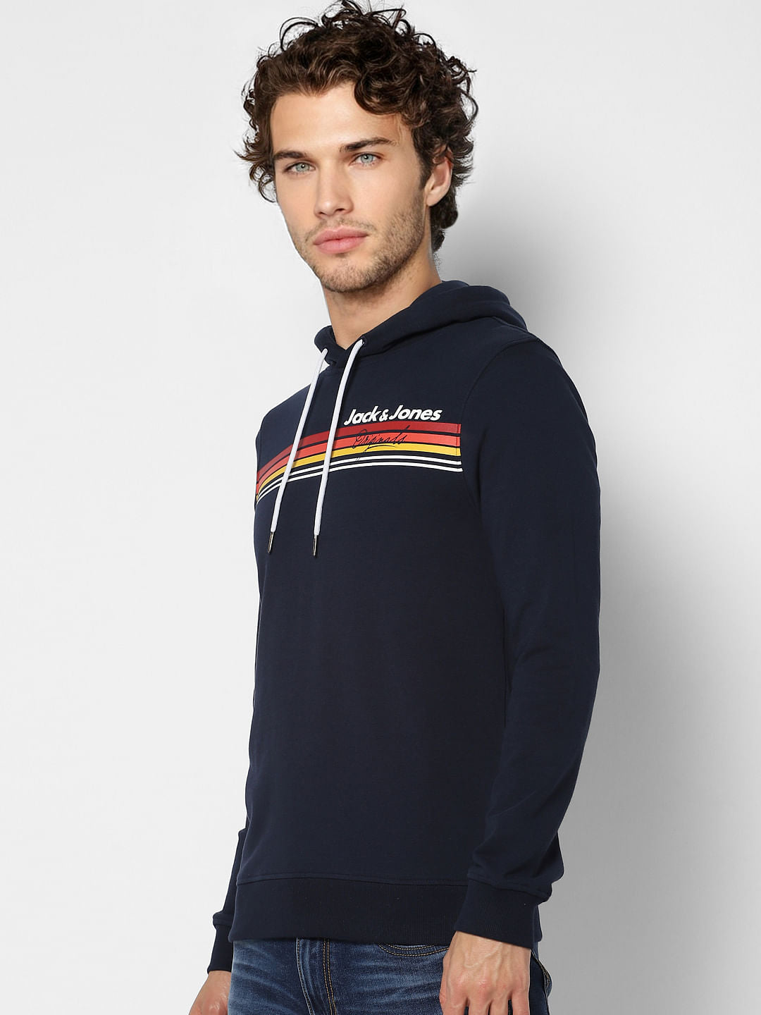 Navy Blue Logo Print Hooded Sweatshirt