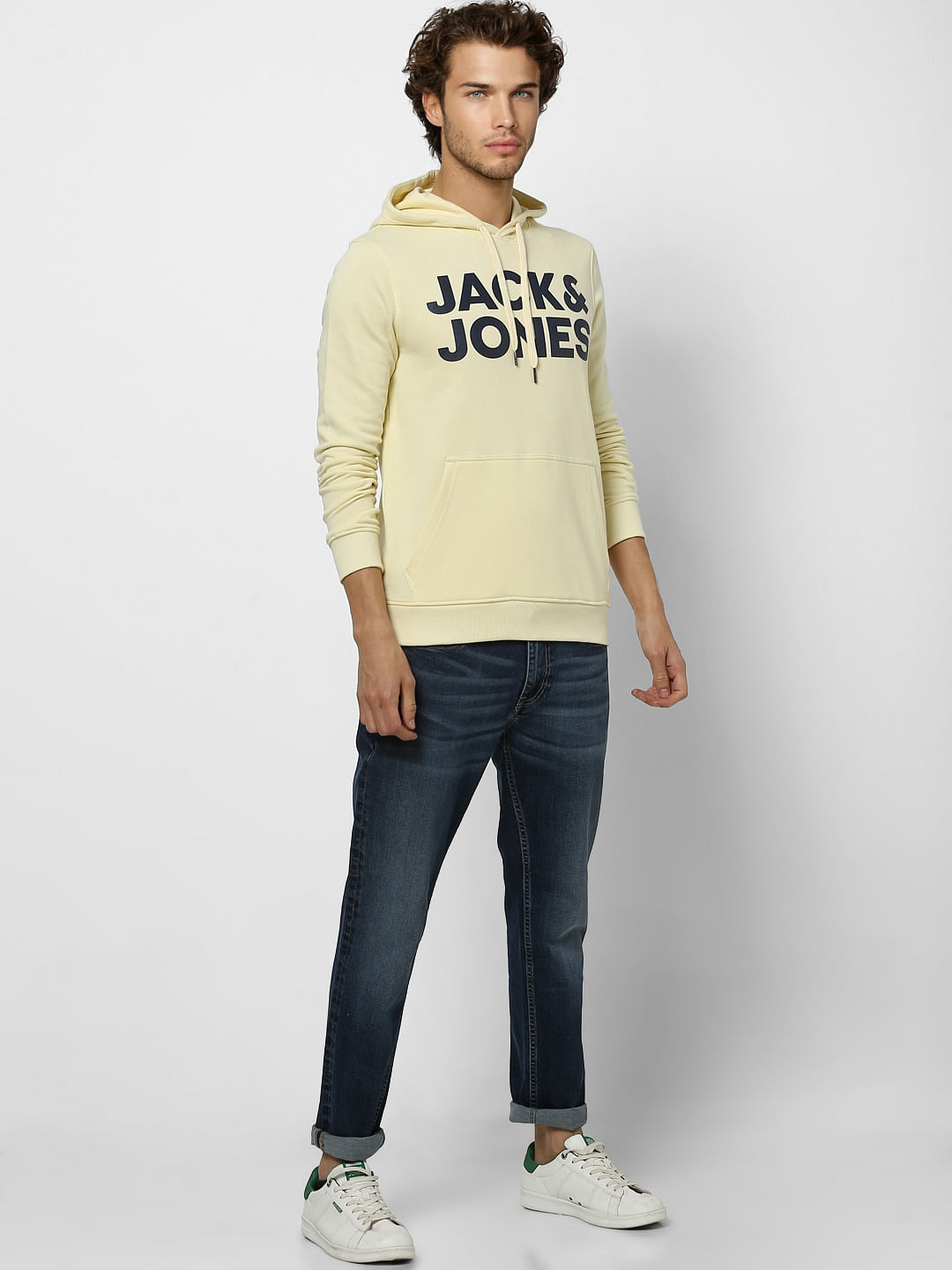 Yellow Hooded Logo Print Sweatshirt - S