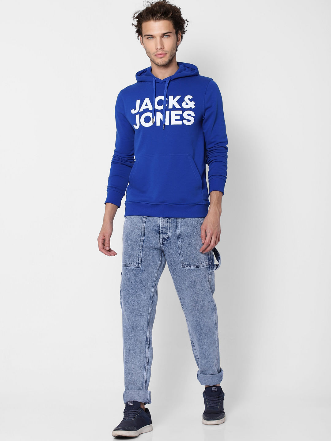 Blue Hooded Logo Print Sweatshirt - S