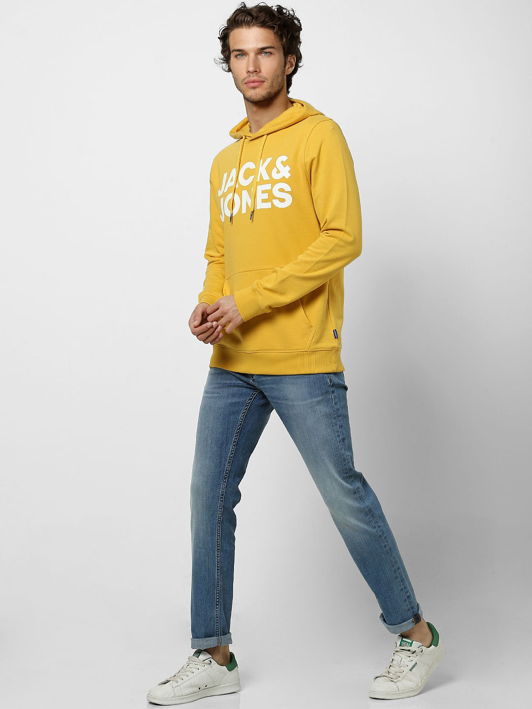 Yellow Hooded Logo Print Sweatshirt - S
