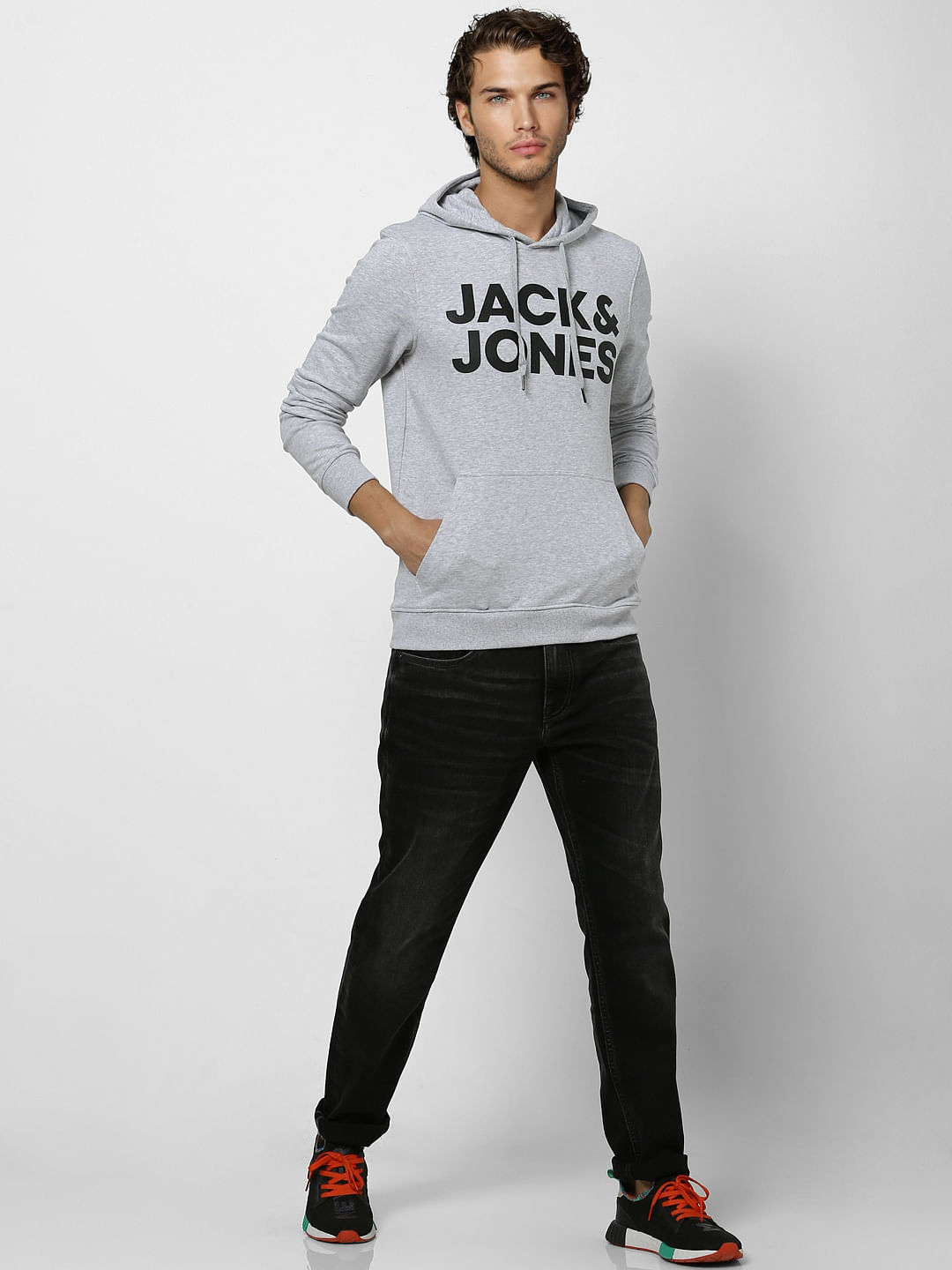 Grey Logo Print Hooded Sweatshirt - S