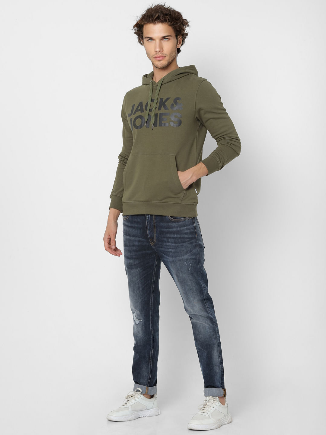 Olive Green Logo Print Hooded Sweatshirt - S