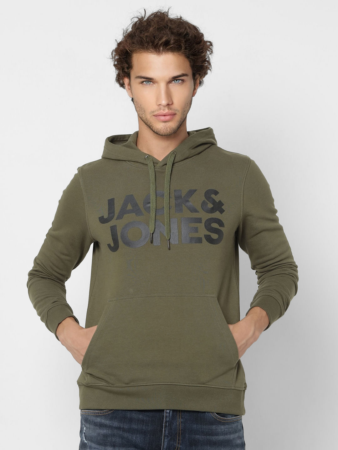 Olive Green Logo Print Hooded Sweatshirt
