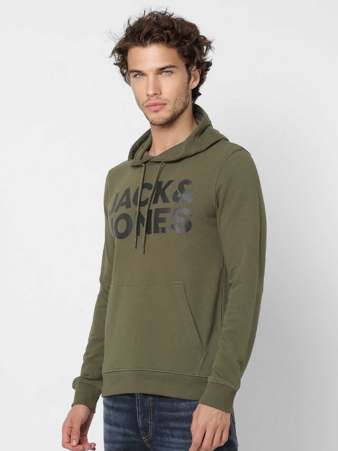 Olive Green Logo Print Hooded Sweatshirt