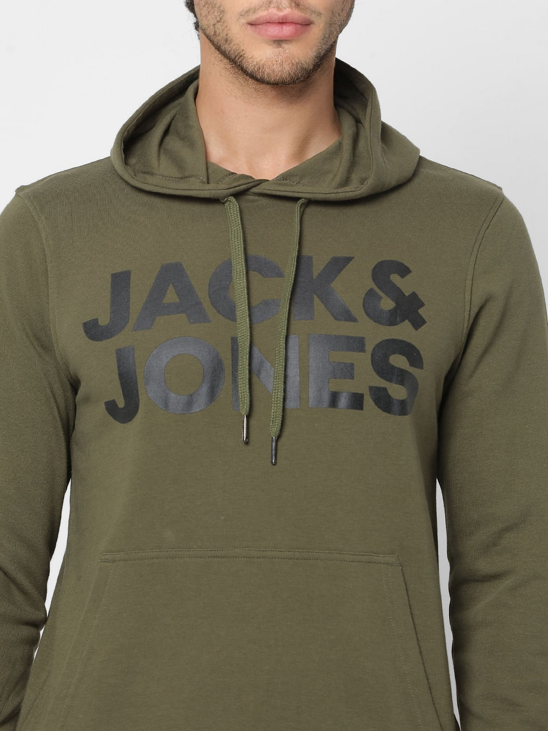 Olive Green Logo Print Hooded Sweatshirt