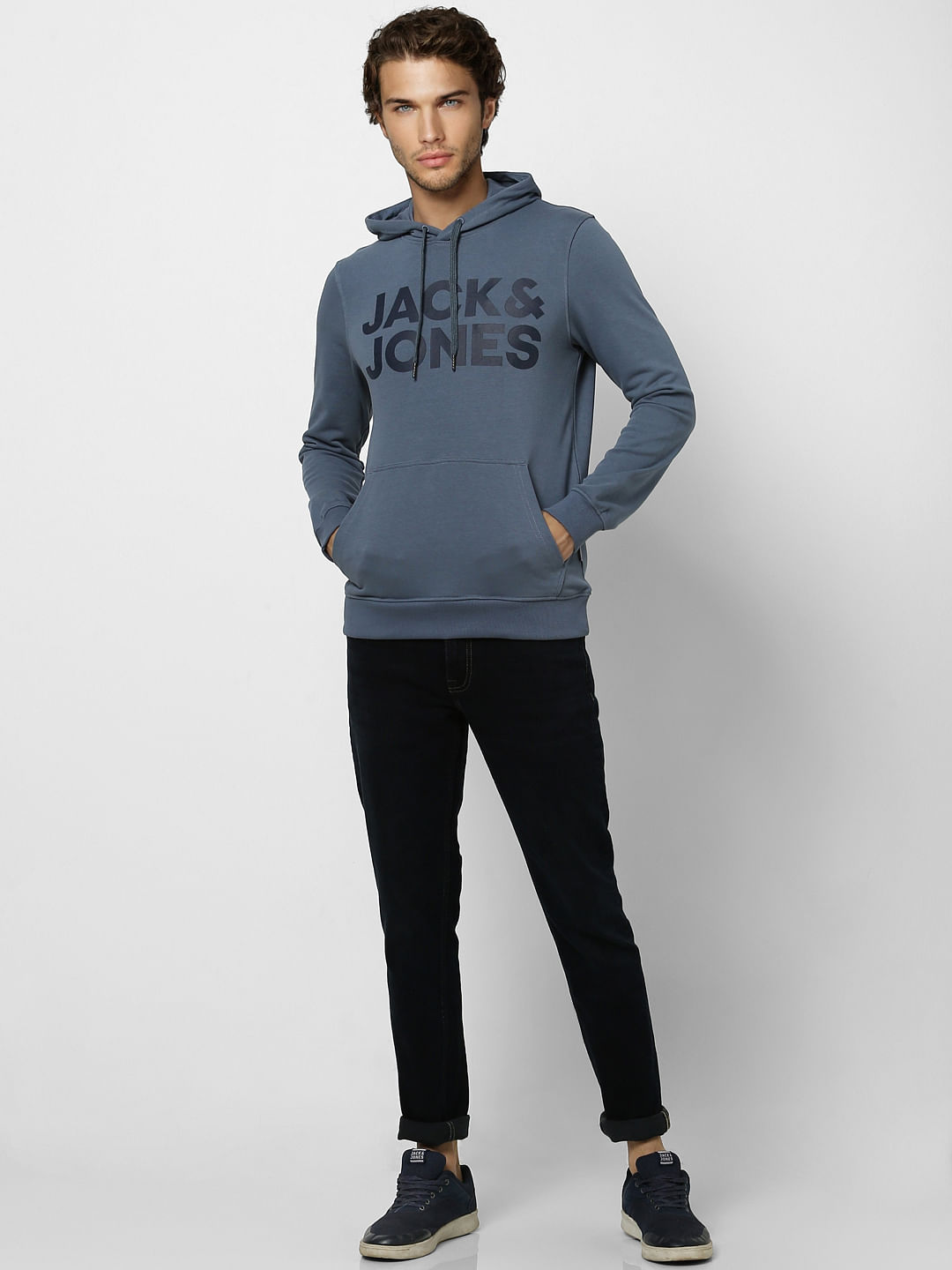 Blue Logo Print Hooded Sweatshirt - L