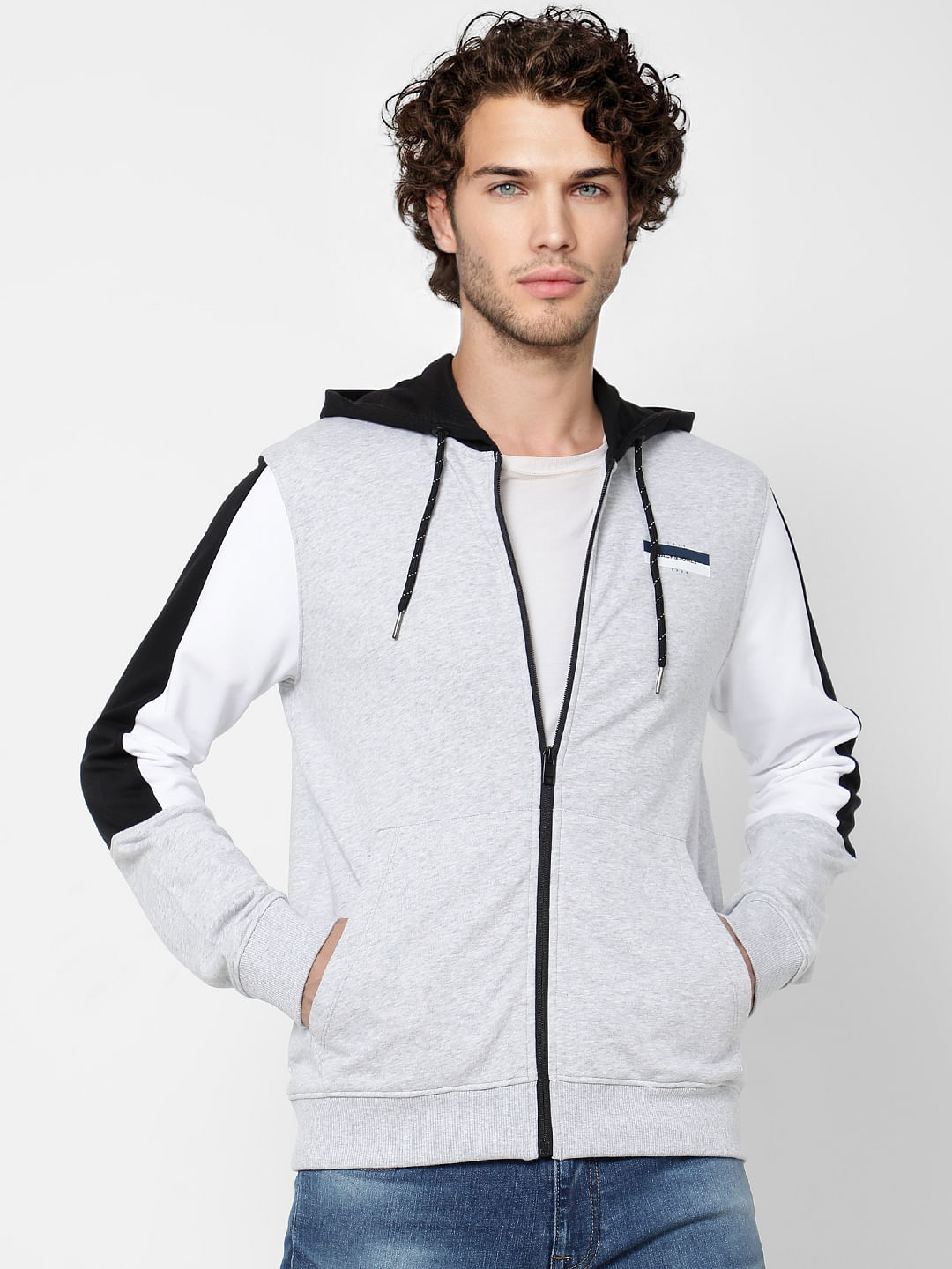 Grey Colourblocked Hooded Sweatshirt