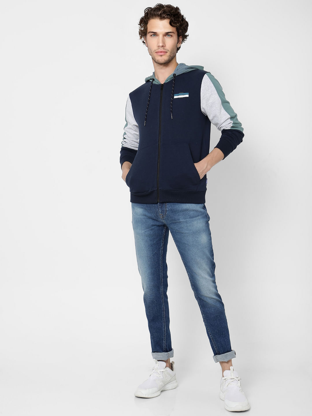 Blue Colourblocked Hooded Sweatshirt - S