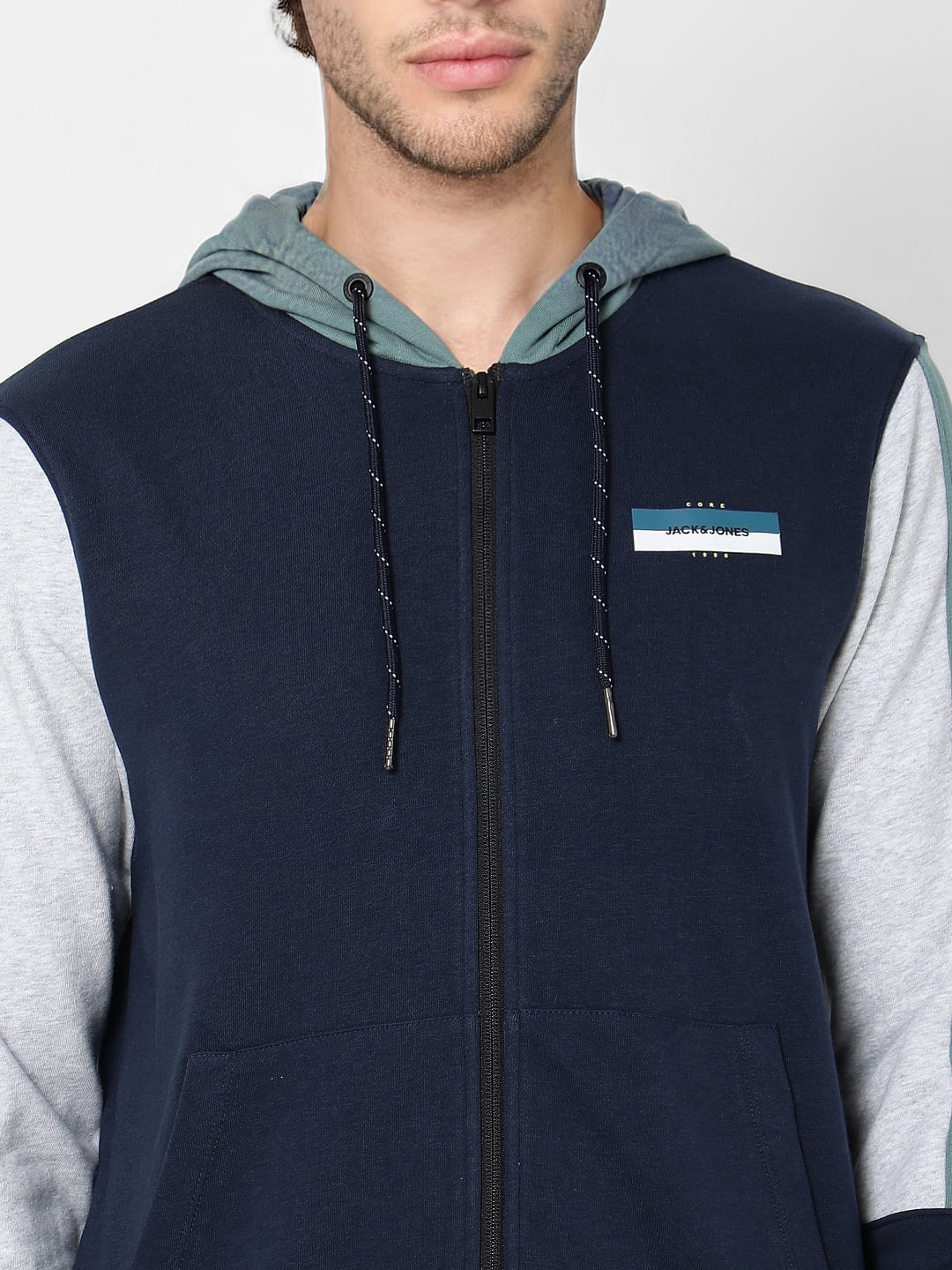 Blue Colourblocked Hooded Sweatshirt