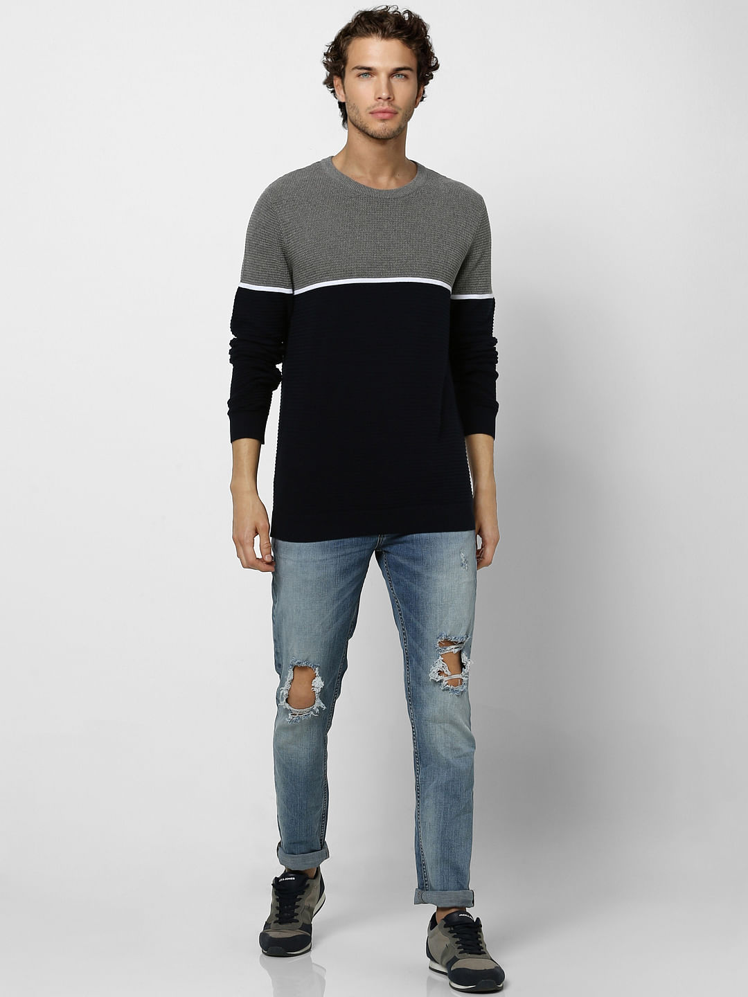 Navy Blue Colourblocked Pullover - S