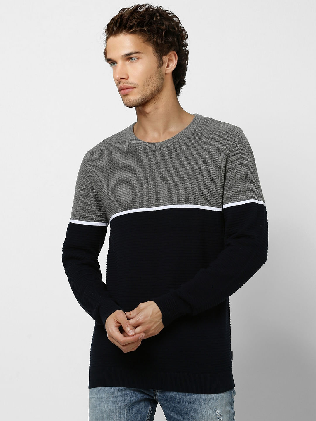 Navy Blue Colourblocked Pullover