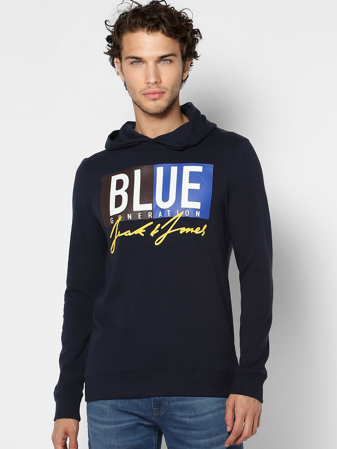 Navy Blue Text Print Hooded Sweatshirt