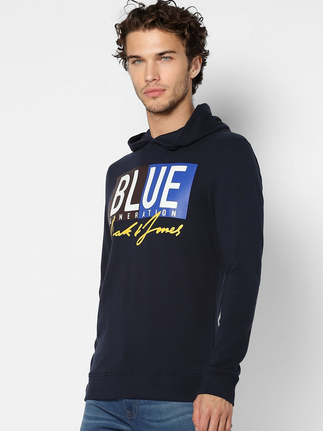 Navy Blue Text Print Hooded Sweatshirt