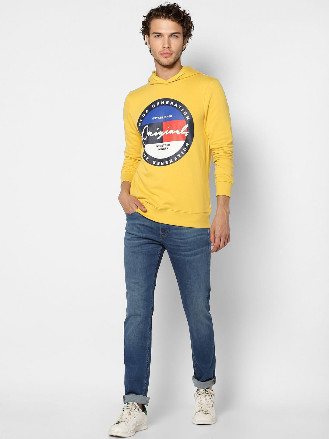 Yellow Graphic Print Hooded Sweatshirt - S
