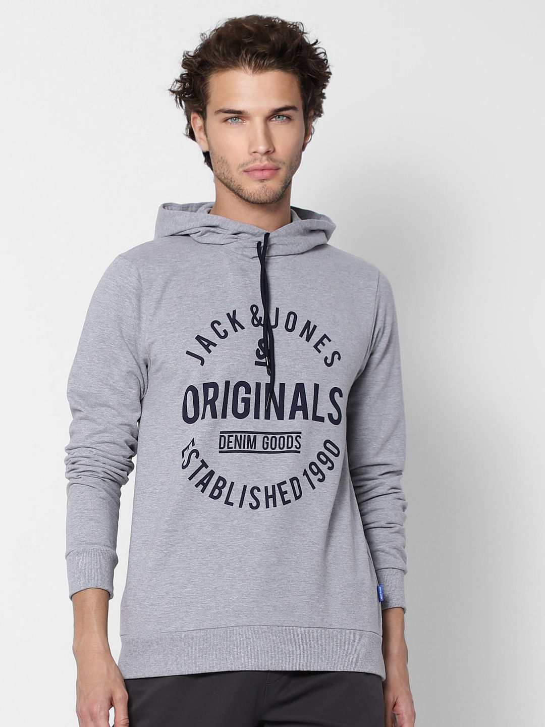 Grey Logo Print Hooded Sweatshirt - S