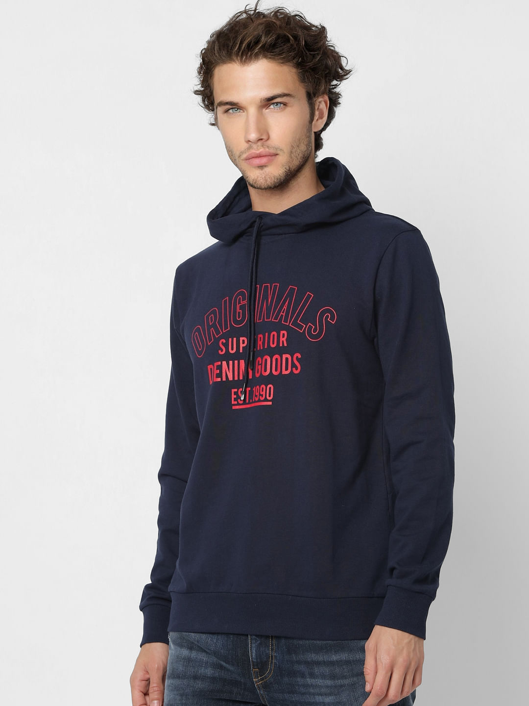 Navy Blue Logo Print Hooded Sweatshirt
