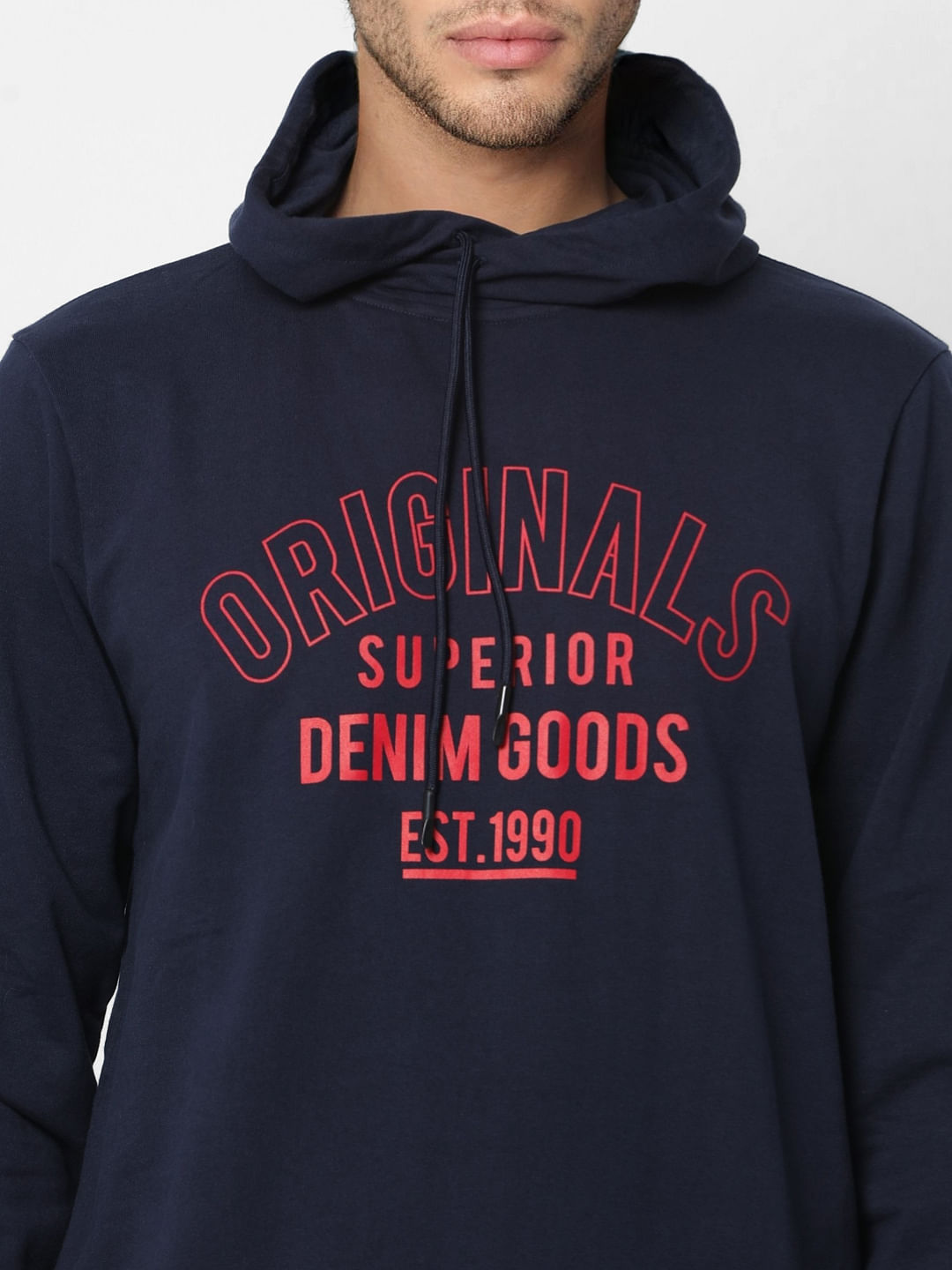 Navy Blue Logo Print Hooded Sweatshirt