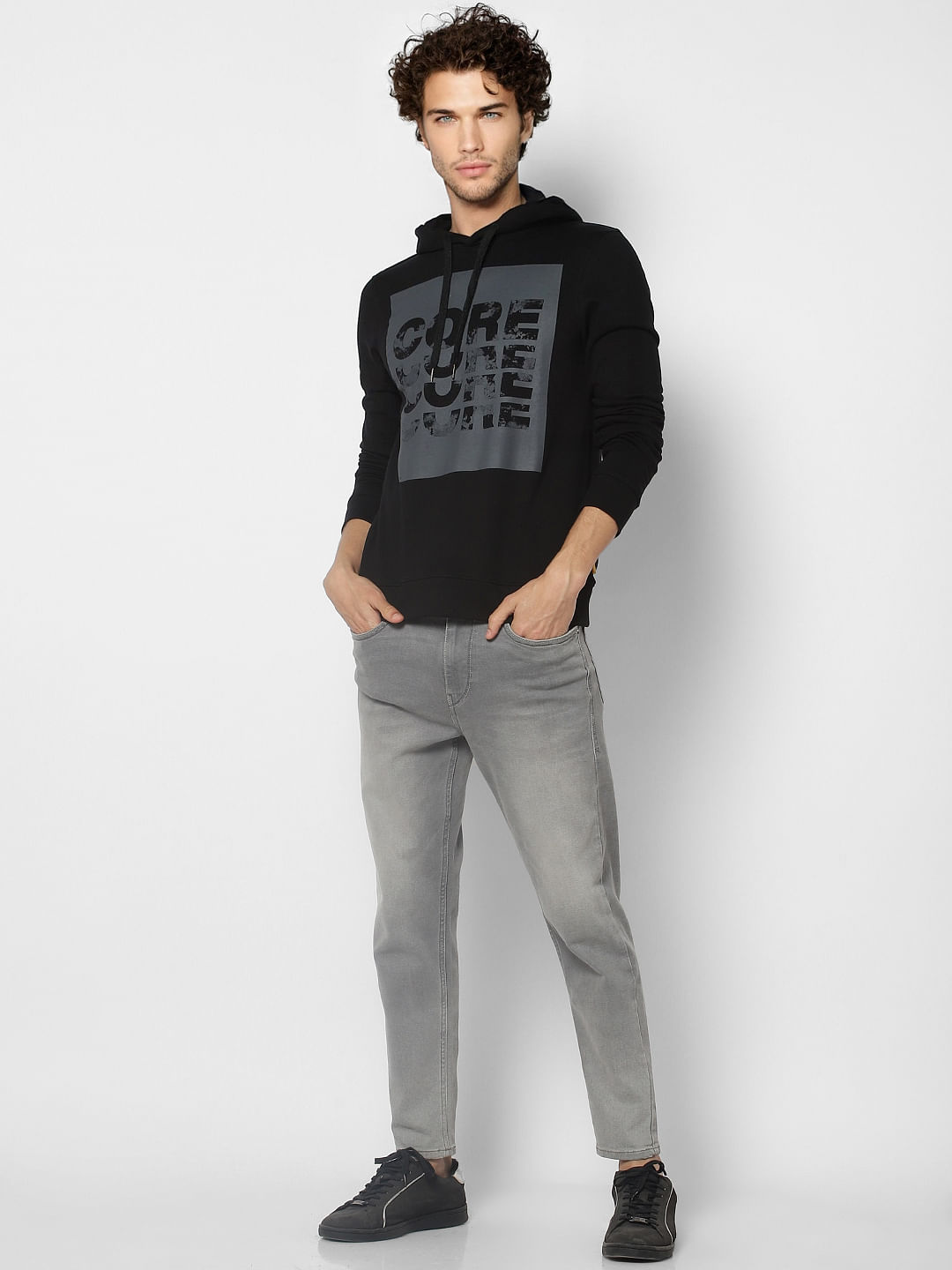 Black Graphic Print Hooded Sweatshirt