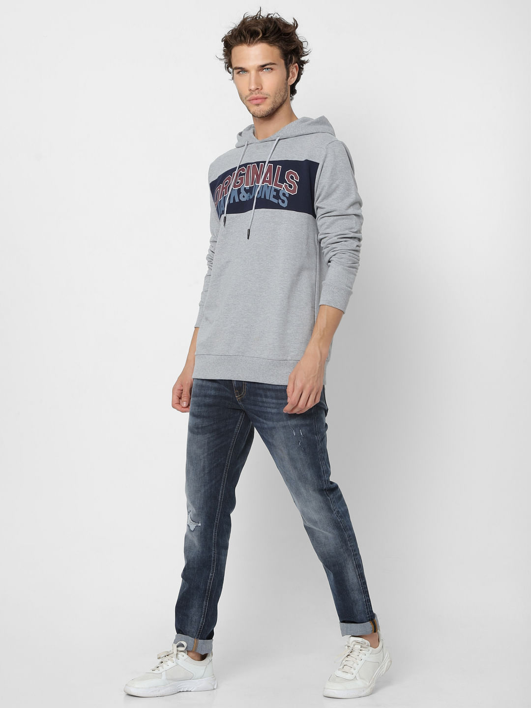 Grey Logo Print Hooded Sweatshirt - S