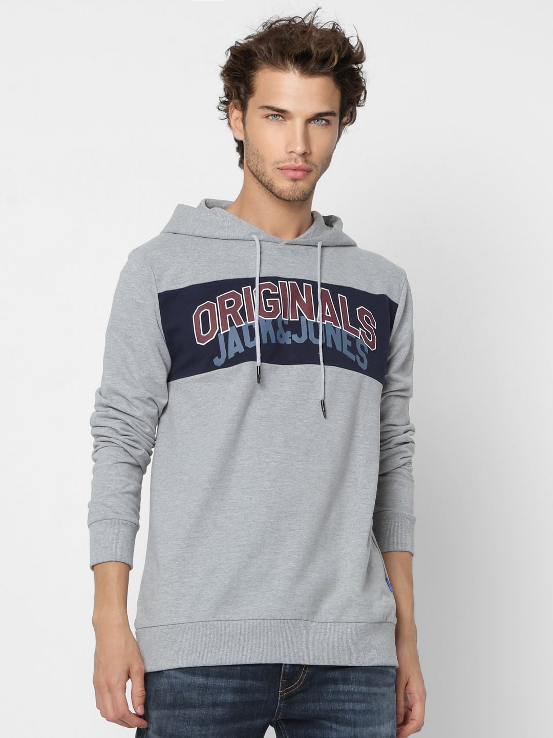 Grey Logo Print Hooded Sweatshirt