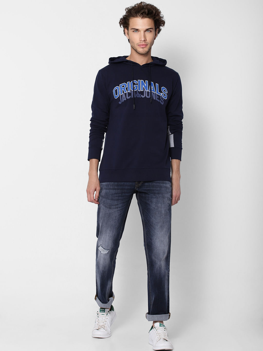 Navy Blue Logo Print Hooded Sweatshirt - S