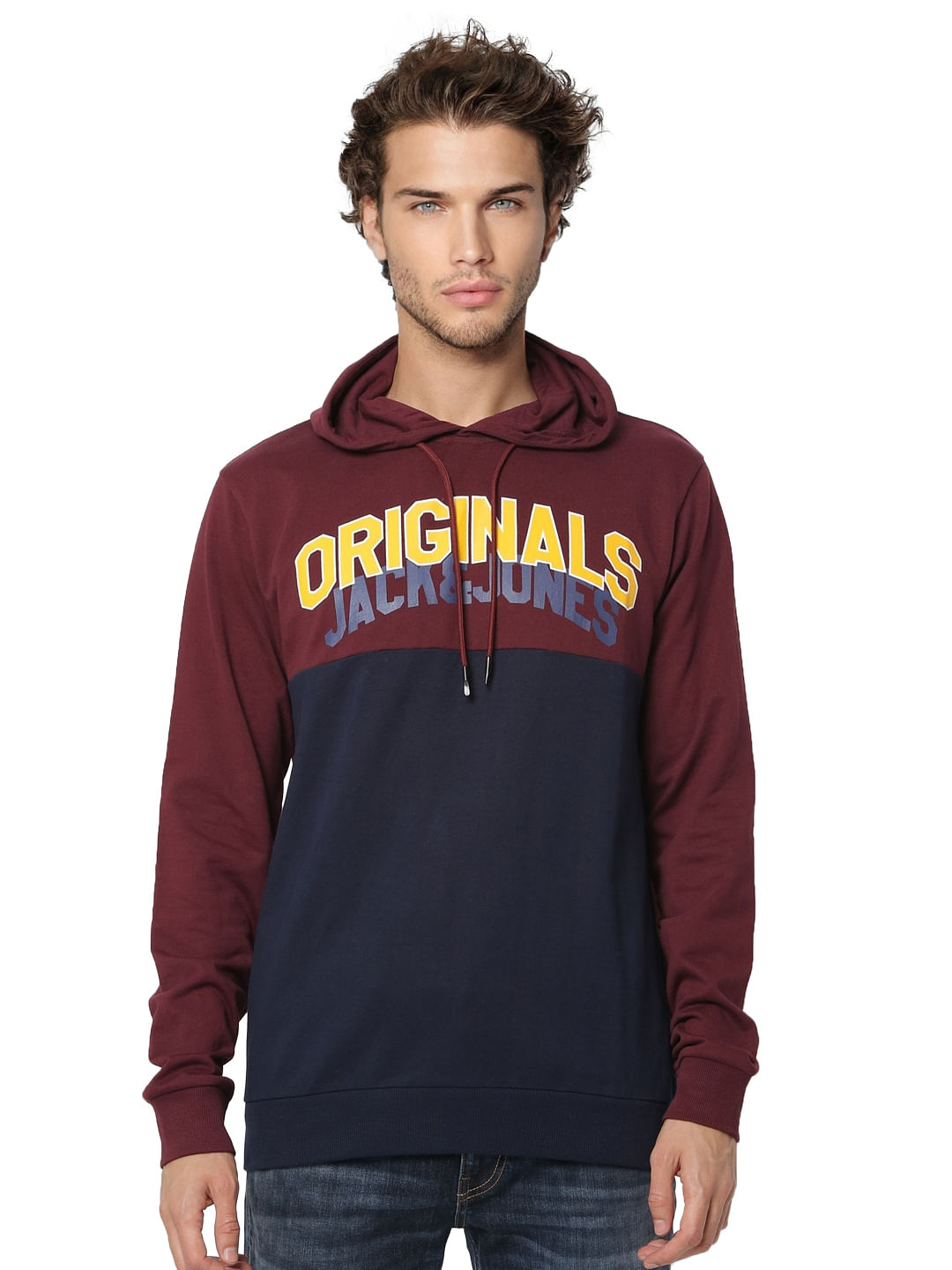 Red Colourblocked Logo Print Hooded Sweatshirt