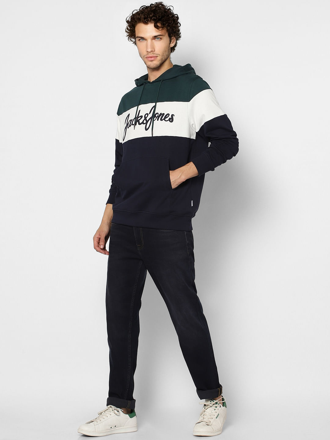 Blue Colourblocked Logo Print Hooded Sweatshirt - S