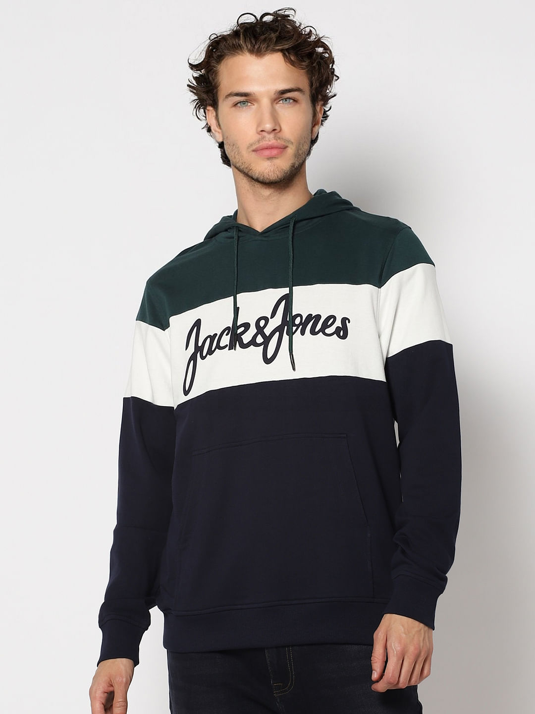 Blue Colourblocked Logo Print Hooded Sweatshirt