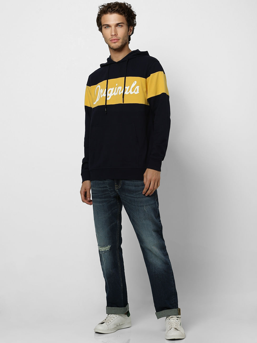 Navy Blue Colourblocked Hooded Sweatshirt - S