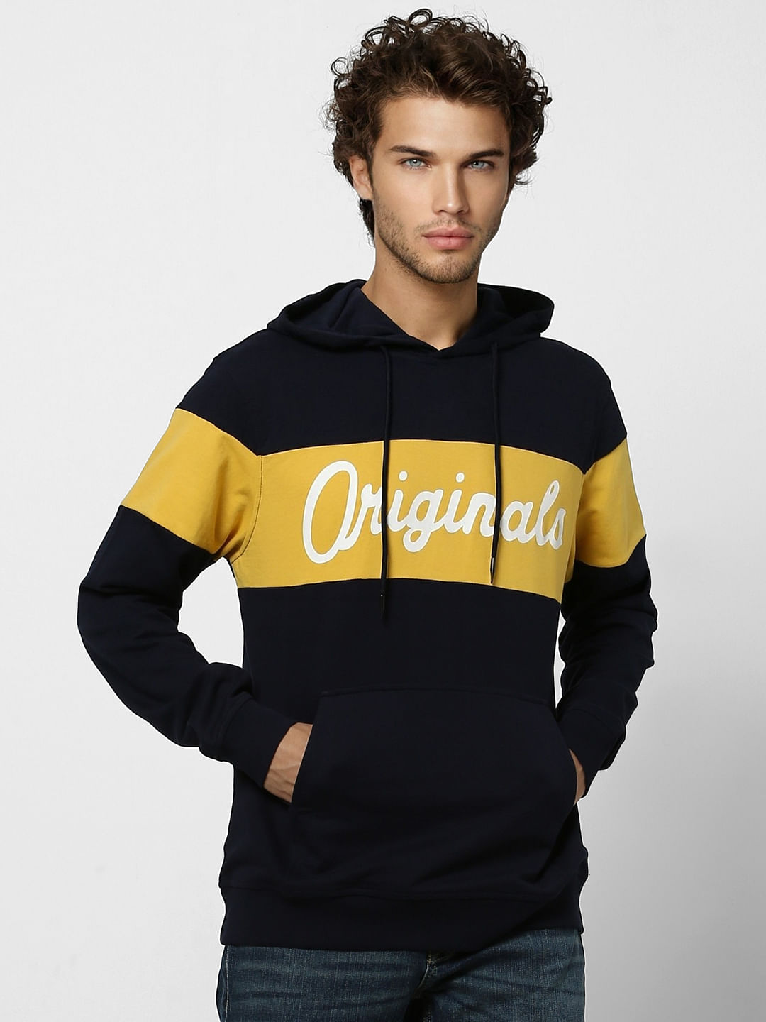 Navy Blue Colourblocked Hooded Sweatshirt