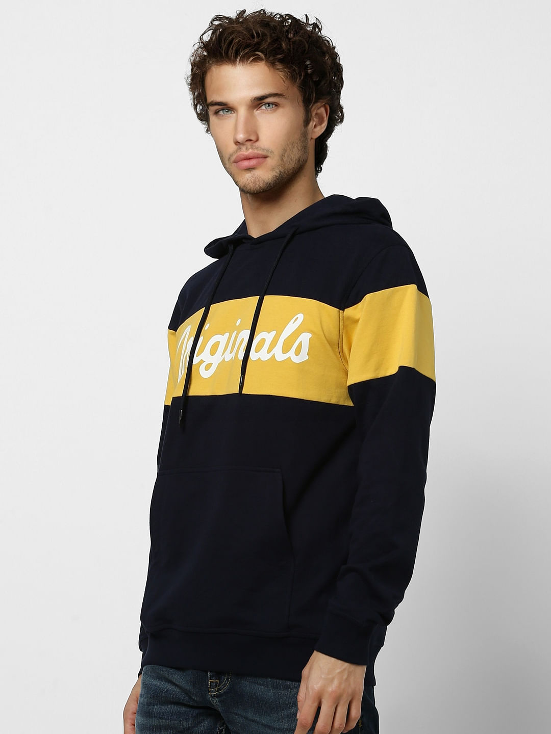 Navy Blue Colourblocked Hooded Sweatshirt