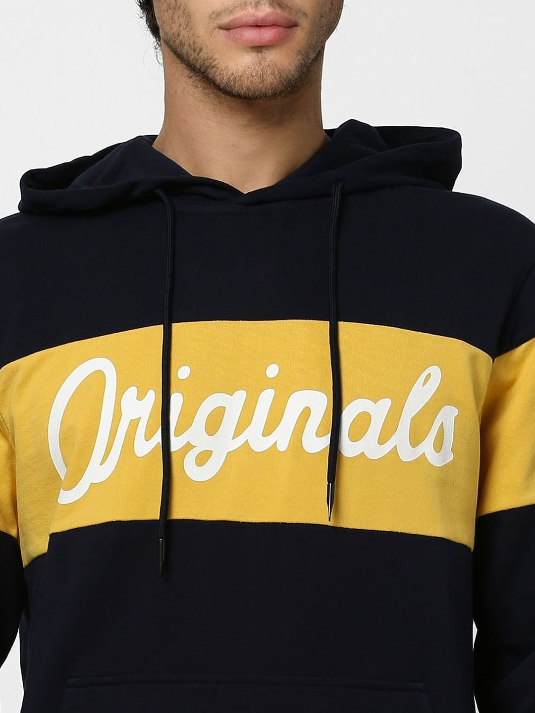 Navy Blue Colourblocked Hooded Sweatshirt