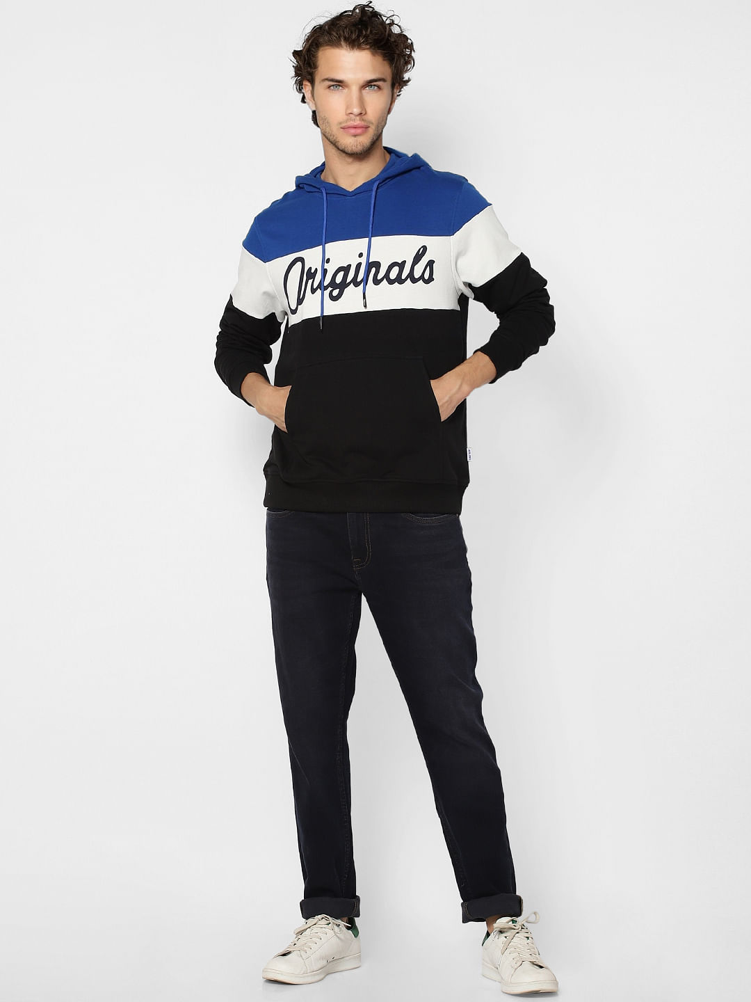 Blue Colourblocked Hooded Sweatshirt - S
