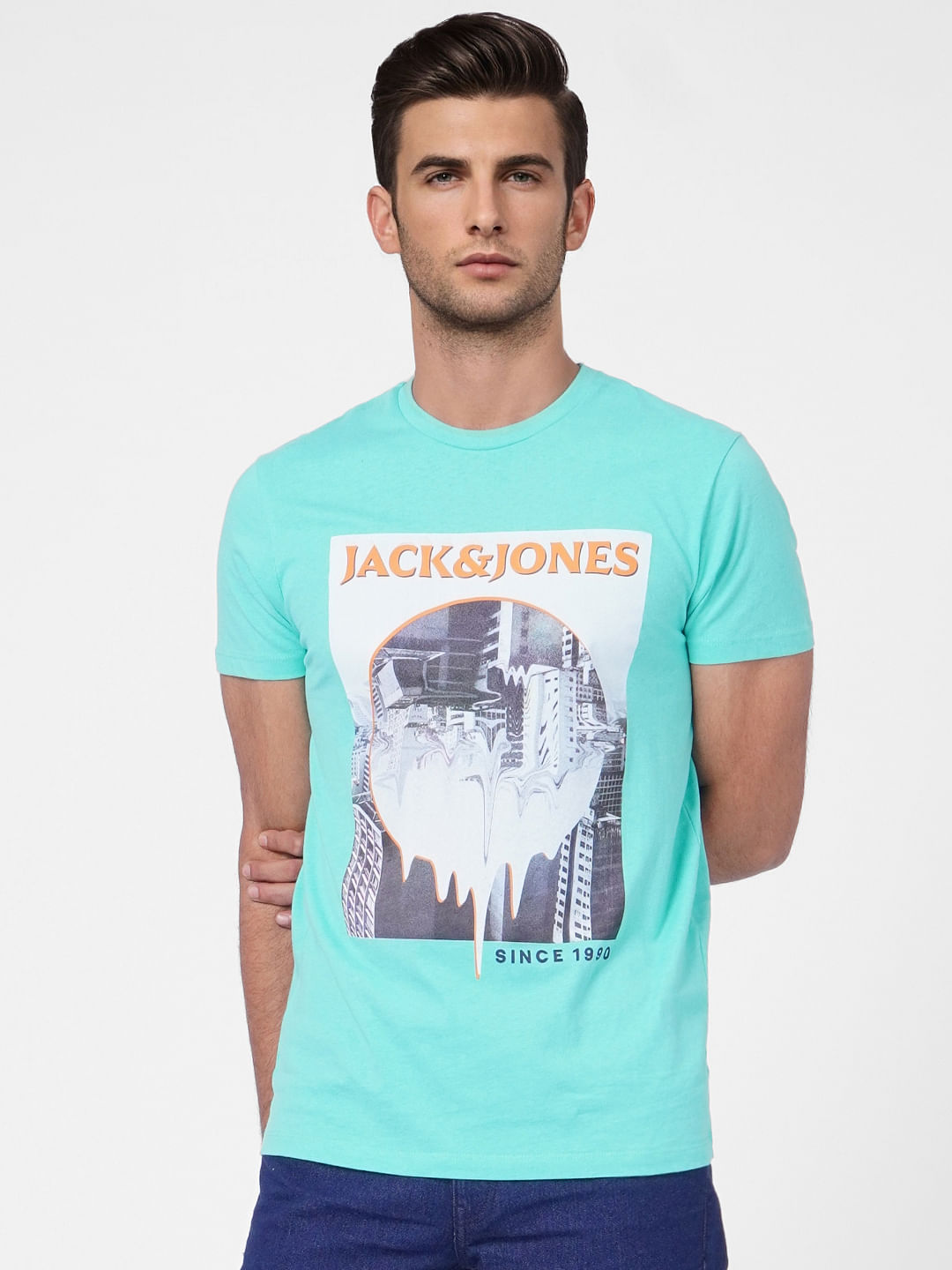 Turquoise Printed Crew Neck T-shirt