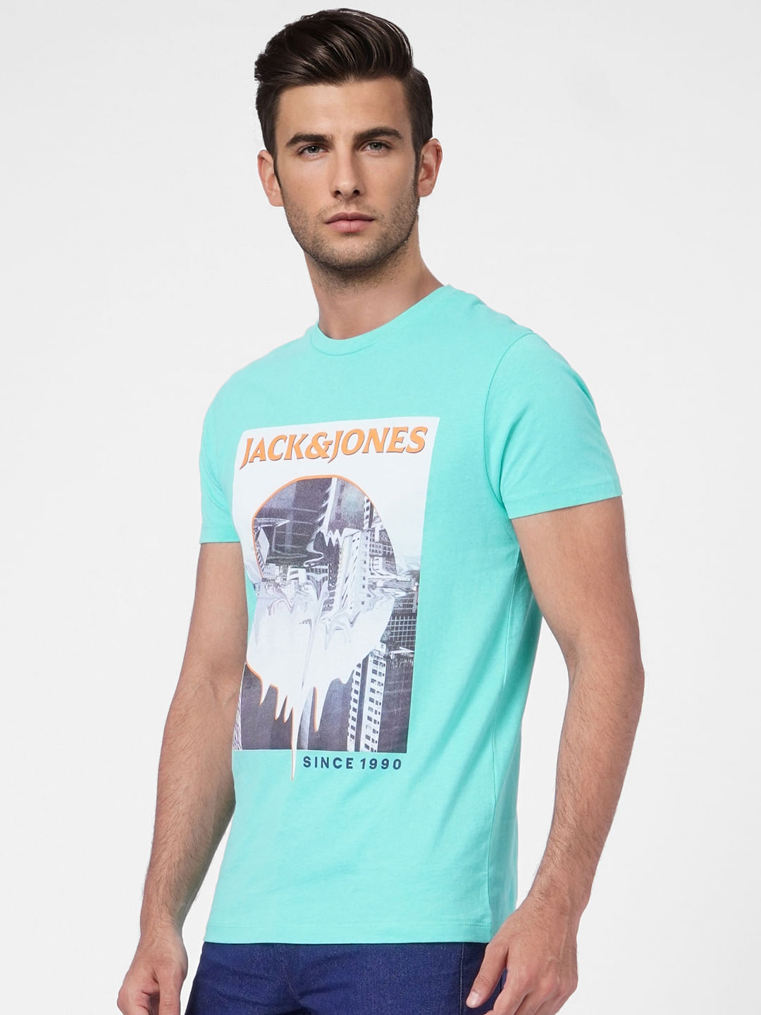 Turquoise Printed Crew Neck T-shirt