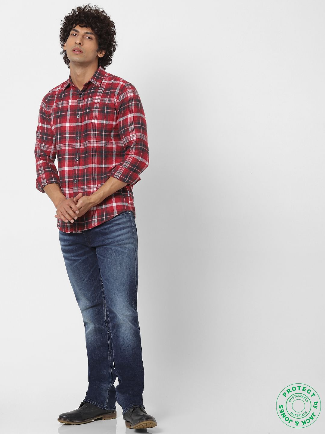 Red Full Sleeves Slim Fit Check Shirt Online in India - Flat 30% Off