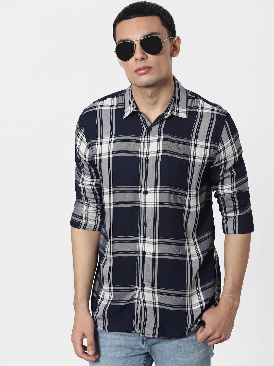 Navy Blue Check Full Sleeves Shirt - S