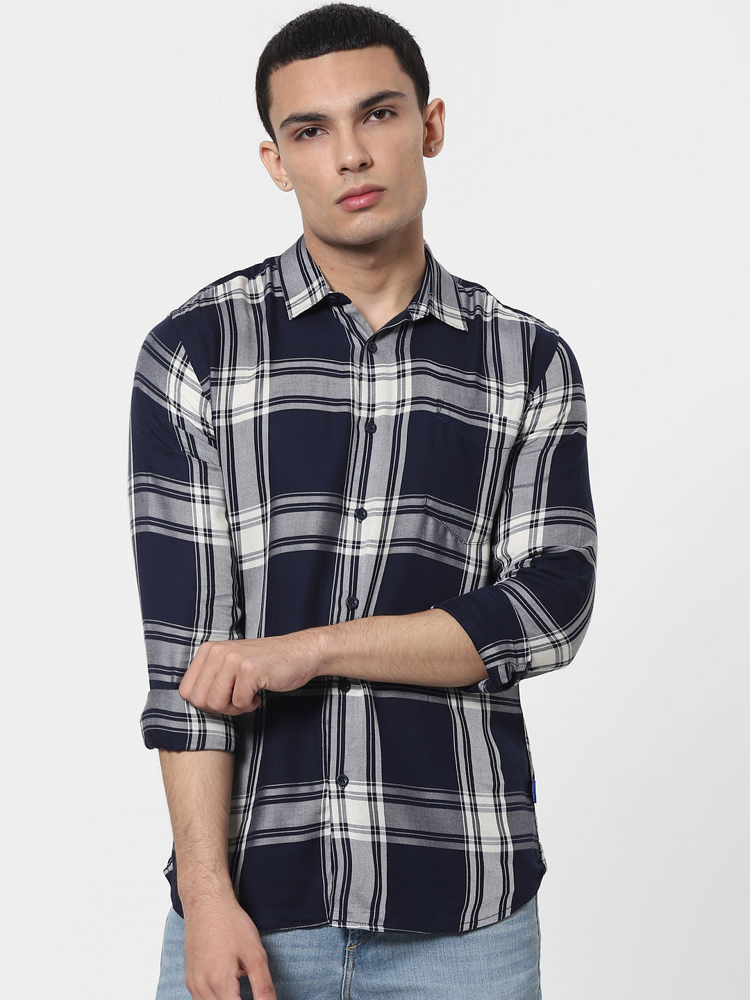 Navy Blue Check Full Sleeves Shirt