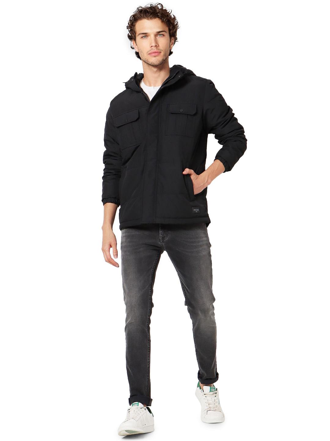 Black High Neck Hooded Jacket - S