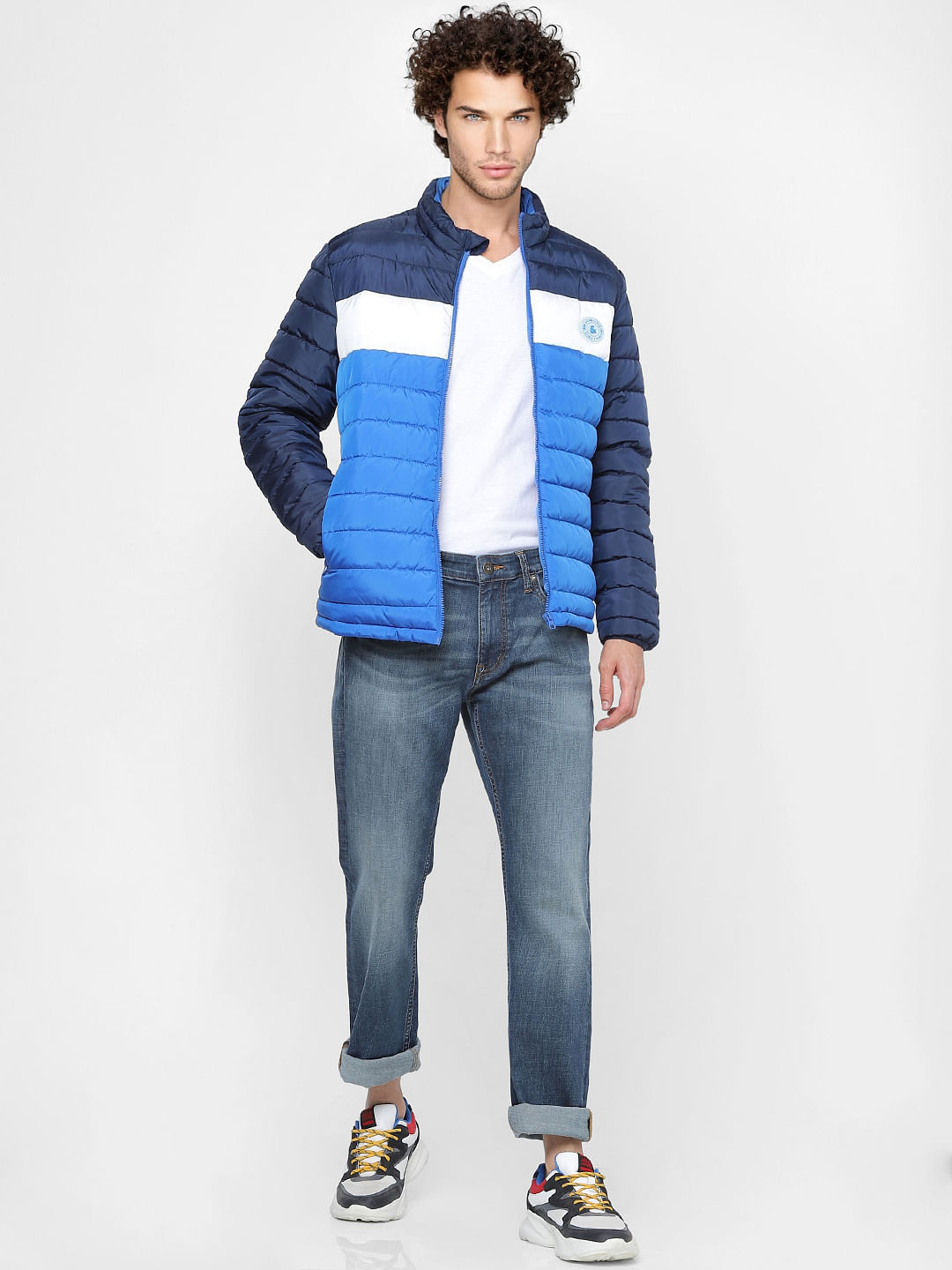 Blue Colourblocked Puffer Jacket - S