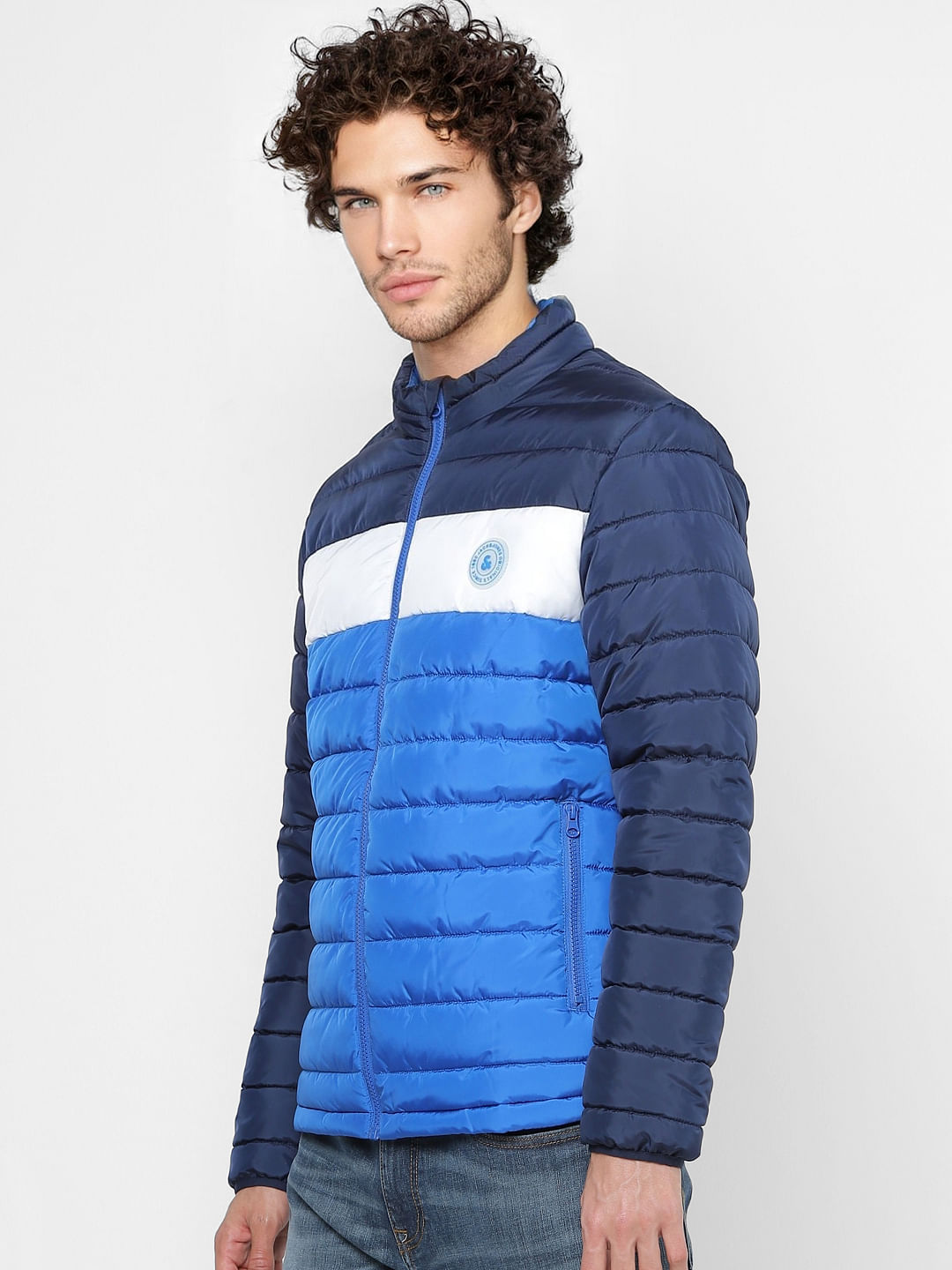 Blue Colourblocked Puffer Jacket