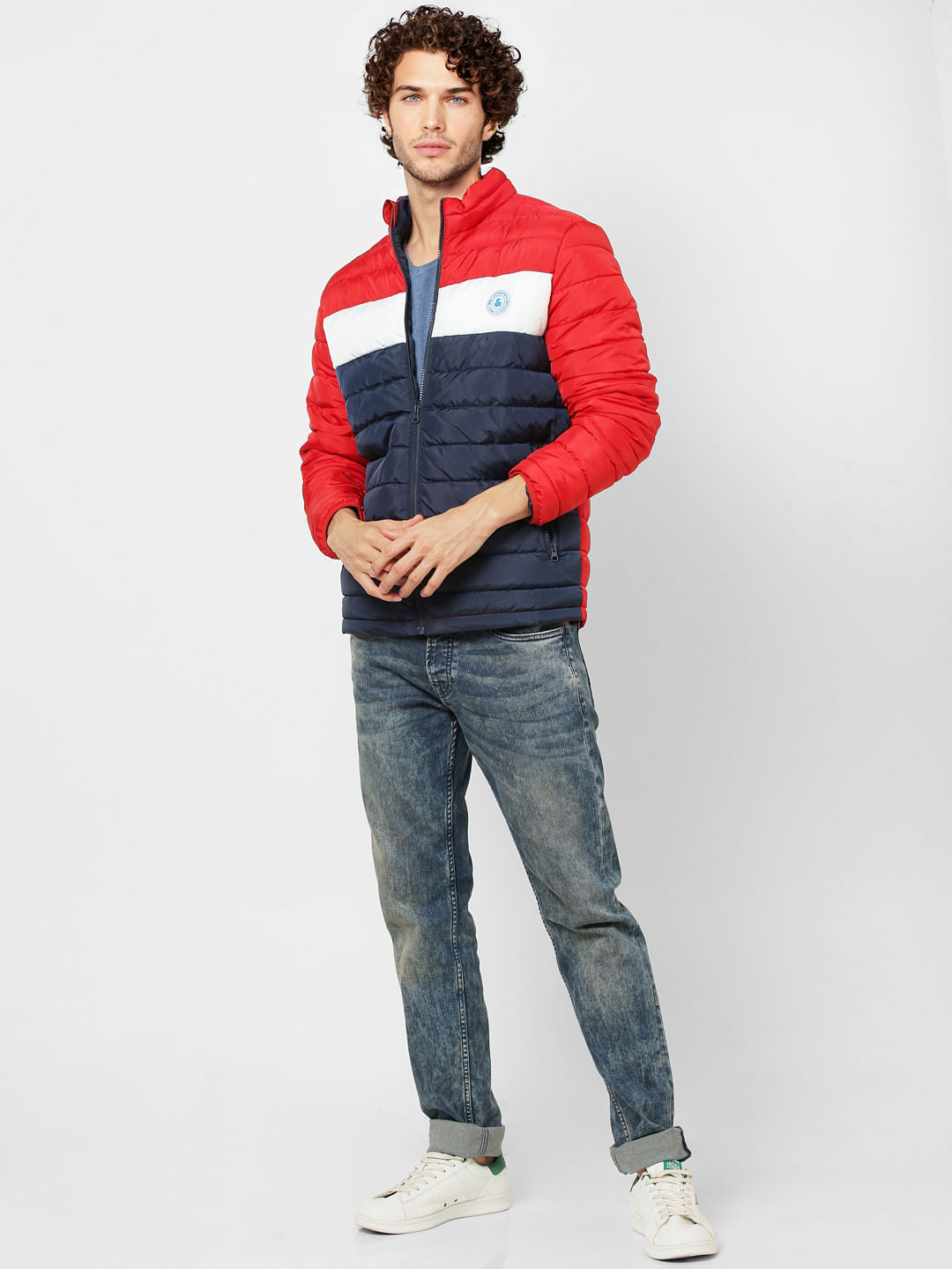 Red Colourblocked Puffer Jacket