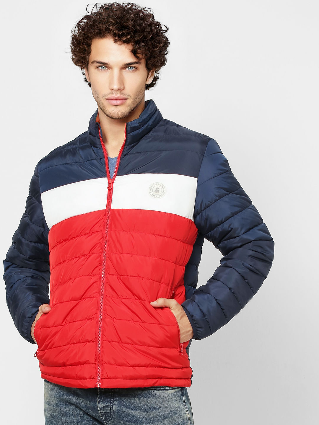 Red Colourblocked Puffer Jacket