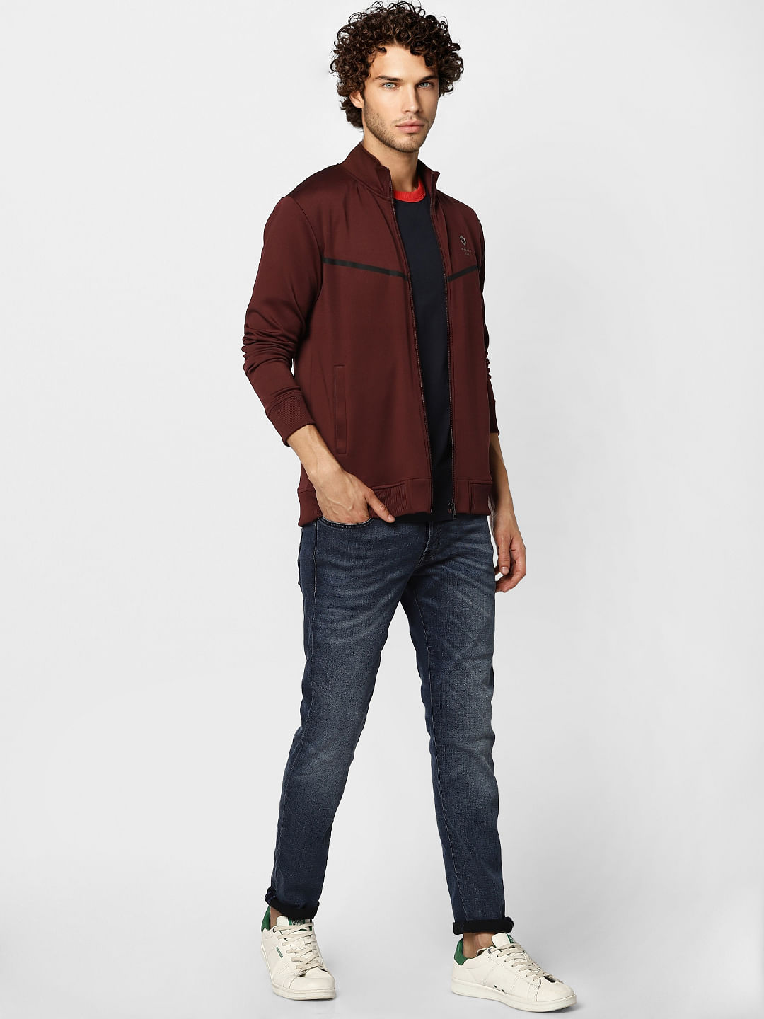 Maroon High Neck Tape Detail Jacket