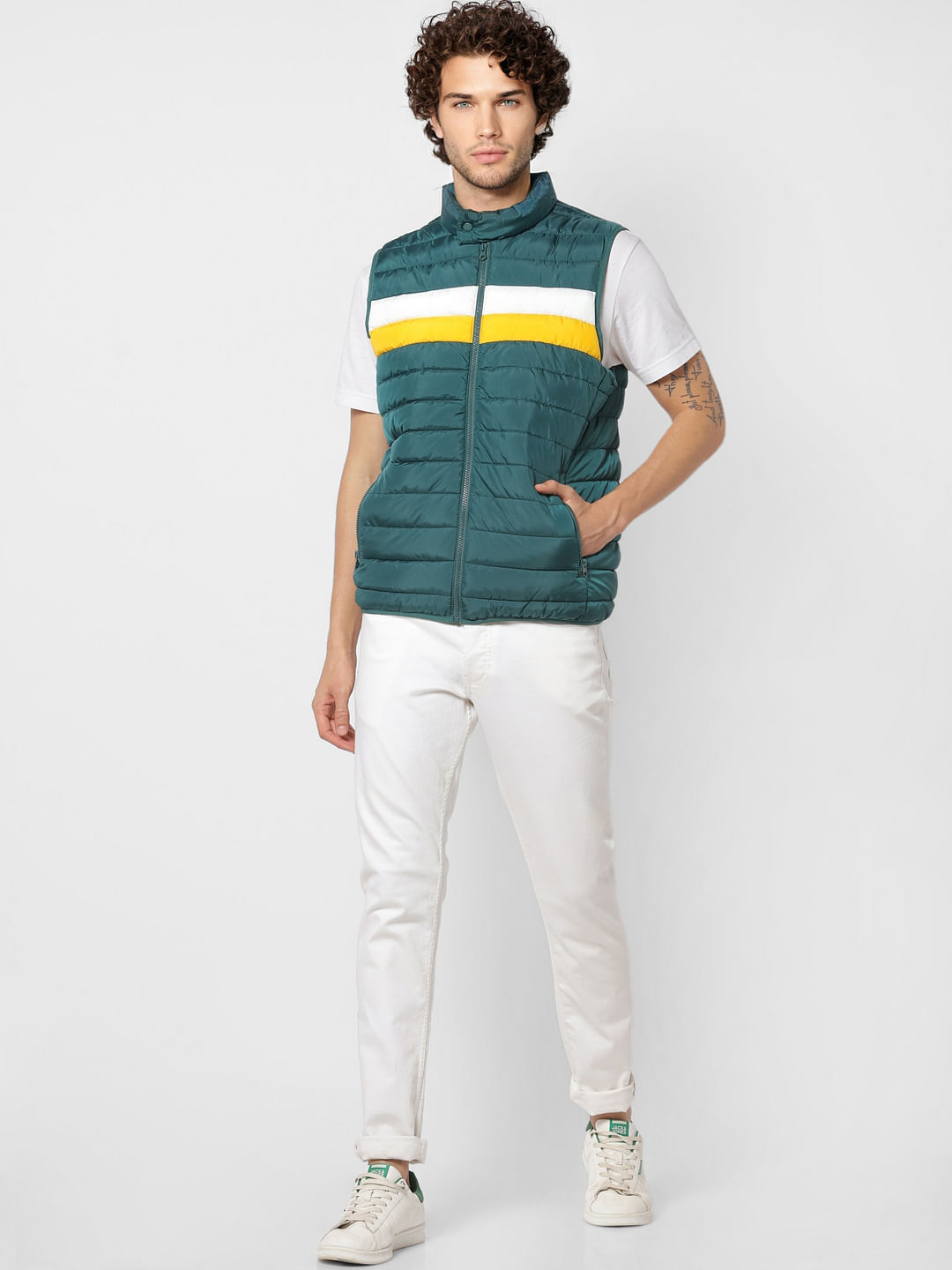 Green Colourblocked High Neck Puffer Jacket - S